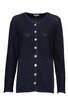 Marineblaue Damenstrickjacke, unifarben, rundhalsausschnitt mit feiner Bogenkante, lange Ärmel, durchgehende Knopfleiste mit weißen Knöpfen, gerade geschnitten