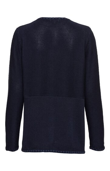 Dunkelblauer Pullover ohne Muster, langärmlig, Rundhalsausschnitt, gerade geschnitten, Rückansicht