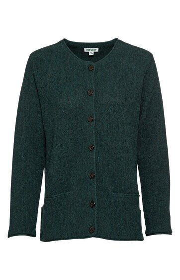 Dunkelgrüne Strickjacke mit Rundhalsausschnitt, lange Ärmel, durchgehende Knopfleiste mit fünf braunen Knöpfen, zwei aufgesetzte Taschen vorne, gerade Form