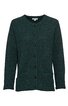Dunkelgrüne Strickjacke mit Rundhalsausschnitt, lange Ärmel, durchgehende Knopfleiste mit fünf braunen Knöpfen, zwei aufgesetzte Taschen vorne, gerade Form