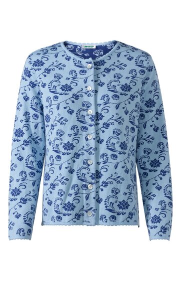 Hellblauer Cardigan mit dunkelblauem Blumenmuster, Rundhalsausschnitt, durchgehende Knopfleiste, lange Ärmel, gerade Passform