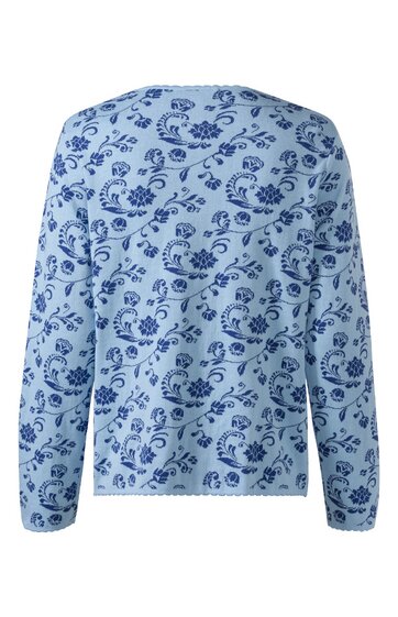 Hellblauer Pullover mit dunkelblauem Blumenmuster, Rundhalsausschnitt, lange Ärmel, gerade Form, Rückansicht