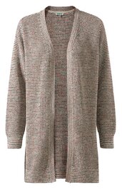 Offener langer Strickcardigan in Beige und Braun meliert, gerader Schnitt, lange Ärmel, gerippte Ärmelbündchen, ohne Verschluss
