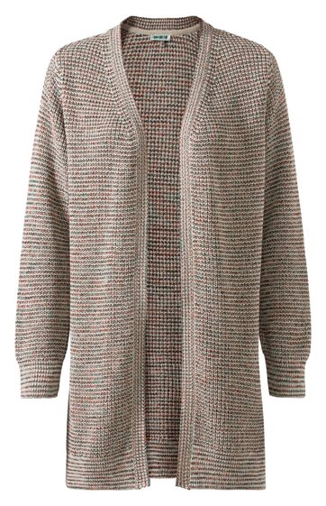 Offener langer Strickcardigan in Beige und Braun meliert, gerader Schnitt, lange Ärmel, gerippte Ärmelbündchen, ohne Verschluss