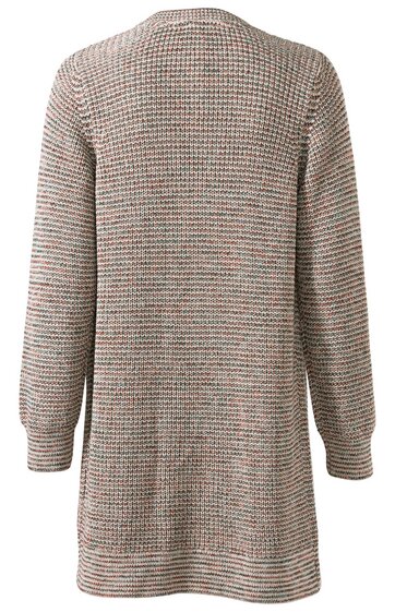 Langärmliger Pullover in beige mit rot und schwarz geringeltem Muster, Rundhalsausschnitt, gerade geschnitten, Rückansicht ohne sichtbare Verschlüsse