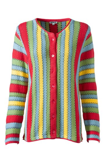 Langärmlige Strickjacke mit bunten Streifen in Rot, Hellblau, Gelb und Grün, Rundhalsausschnitt, Knopfleiste vorne, kastige Form