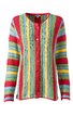 Langärmlige Strickjacke mit bunten Streifen in Rot, Hellblau, Gelb und Grün, Rundhalsausschnitt, Knopfleiste vorne, kastige Form