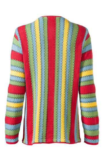 Langärmliger Pullover mit vertikalen Streifen in Rot, Hellblau, Gelb und Hellgrün, gerippte Struktur, Rundhalsausschnitt, gerade geschnitten, Rückansicht