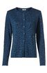 Dunkelblauer Damenstrickcardigan, schlicht, Rundhalsausschnitt, durchgehende Knopfleiste vorne, lange Ärmel, gerade geschnitten