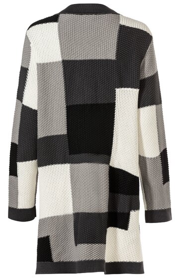 Langärmliger Cardigan in Schwarz, Weiß und Grau mit großflächigem, geometrischem Muster, gerader Schnitt, offener Vorderseite, leicht strukturierte Oberfläche