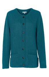 Dunkeltürkise Strickjacke mit rundem Ausschnitt, durchgehender Knopfleiste mit schwarzen Knöpfen, lange Ärmel, zwei aufgesetzte Taschen vorne, gerade geschnitten