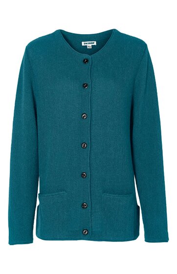 Dunkeltürkise Strickjacke mit rundem Ausschnitt, durchgehender Knopfleiste mit schwarzen Knöpfen, lange Ärmel, zwei aufgesetzte Taschen vorne, gerade geschnitten