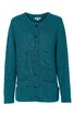 Dunkeltürkise Strickjacke mit rundem Ausschnitt, durchgehender Knopfleiste mit schwarzen Knöpfen, lange Ärmel, zwei aufgesetzte Taschen vorne, gerade geschnitten
