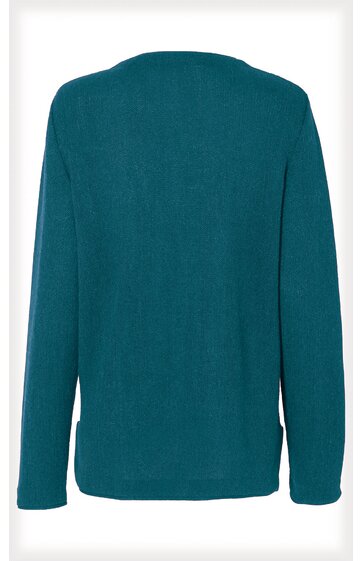 Dunkelgrüner Pullover ohne Muster, lange Ärmel, Rundhalsausschnitt, Rückenansicht, gerade geschnitten