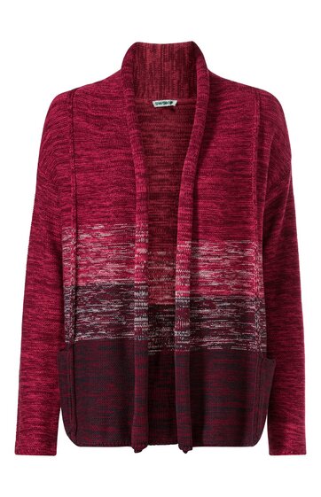 Offener Strickcardigan in Bordeauxrot mit Farbverlauf zu Dunkelrot, Langarm, gerader Saum, ohne Verschluss
