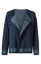 Dunkelblaue Strickjacke mit breitem, umgeschlagenem Kragen, langen Ärmeln, offener Vorderseite, hellblauen floralen Mustern am Saum und an den Ärmelenden