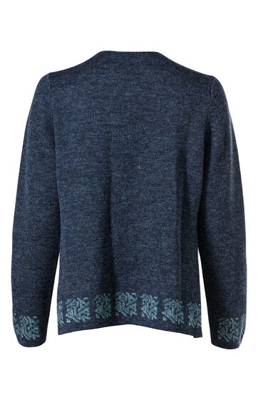 Dunkelblauer Pullover mit langem Arm, rundem Halsausschnitt, hellblaue geometrische Muster am Saum und Ärmelenden, gerade geschnitten