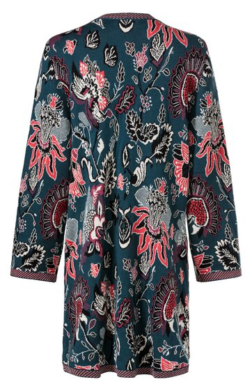 Dunkelgrüner Mantel mit großflächigem roten und weißen Blumenmuster, lange Ärmel, offen geschnitten, knielang, gerader Saumrand, keine Verschlüsse sichtbar