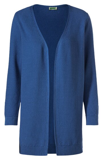 Offene Strickjacke in royalblau ohne Verschluss, längere Form mit geradem Saum, strukturierte Maschen, lange Ärmel mit gerippten Bündchen