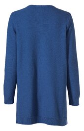 Blauer Pullover ohne Muster, lange Ärmel, gerader Schnitt, Rippstrickbündchen an Ärmeln und Saum, Rückansicht