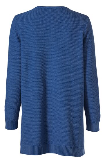 Blauer Pullover ohne Muster, lange Ärmel, gerader Schnitt, Rippstrickbündchen an Ärmeln und Saum, Rückansicht