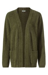 Olivegrüne Strickjacke mit durchgehendem Rippenmuster, offener Vorderseite ohne Verschluss, lange Ärmel, zwei aufgesetzte Taschen vorne, lockere Passform