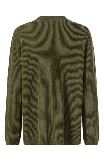 Dunkelgrüner Pullover mit vertikalem Rippenmuster, Rundhalsausschnitt, lange Ärmel, gerade geschnitten
