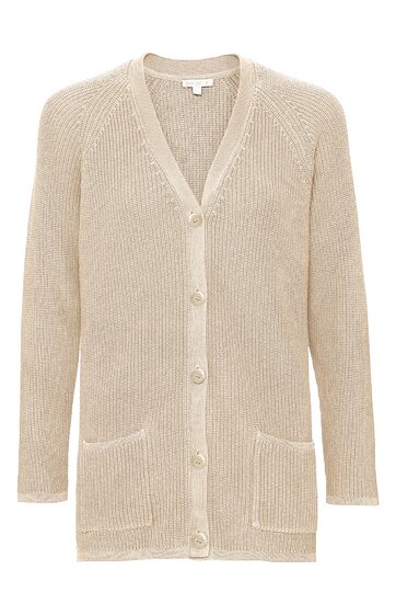 Beiger Strickcardigan mit V-Ausschnitt, lange Ärmel, Knopfleiste vorne, zwei aufgesetzte Taschen, gerade geschnitten