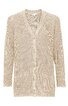 Beiger Strickcardigan mit V-Ausschnitt, lange Ärmel, Knopfleiste vorne, zwei aufgesetzte Taschen, gerade geschnitten