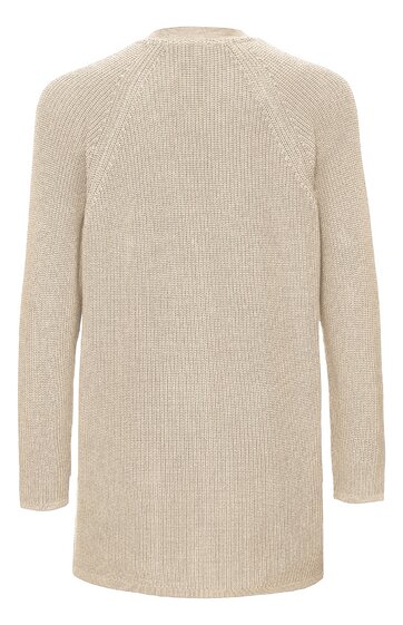 Hellbeiger langer Strickpullover ohne Muster, Rundhalsausschnitt, lange Ärmel, gerade geschnitten, rückseitig abgebildet