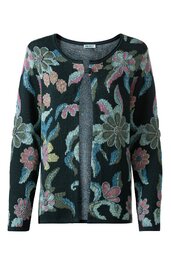 Dunkelblauer Damenstrickcardigan mit buntem Blumenmuster, Rundhalsausschnitt, lange Ärmel, gerade geschnitten, offene Vorderseite ohne Verschluss