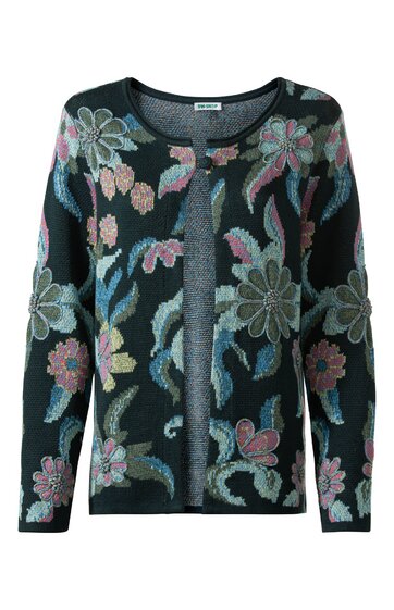 Dunkelblauer Damenstrickcardigan mit buntem Blumenmuster, Rundhalsausschnitt, lange Ärmel, gerade geschnitten, offene Vorderseite ohne Verschluss