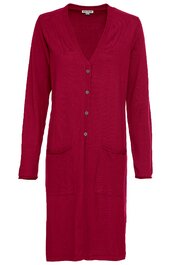 Lang geschnittener, kastiger Cardigan in dunklem rot, V-Ausschnitt, Knopfleiste mit fünf runden Knöpfen, lange Ärmel, zwei aufgesetzte Taschen vorne