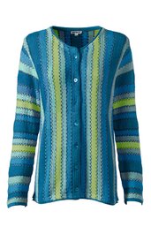 Langärmlige Strickjacke in Blau- und Grüntönen, gestreift mit Zopfmuster, Rundhals, durchgeknöpft, gerade geschnitten