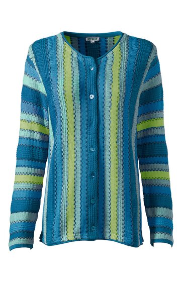 Langärmlige Strickjacke in Blau- und Grüntönen, gestreift mit Zopfmuster, Rundhals, durchgeknöpft, gerade geschnitten