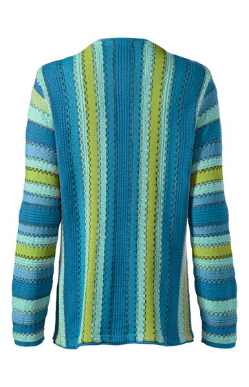 Langärmliger Pullover in Blautönen mit Streifen in Hellgrün, Senfgelb und Weiß, durchgehend gestreiftes Muster, Rundhalsausschnitt, hinten abgebildet