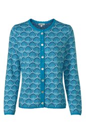 Blaues Damenstrickjacke mit türkisfarbenem Ornamentmuster, rundem Halsausschnitt, Knopfleiste vorne, lange Ärmel, leicht taillierte Form
