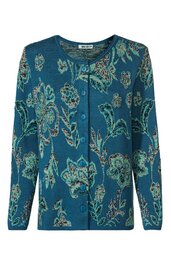 Blauer Cardigan mit floralem Muster in Hellgrün und Beige, Rundhalsausschnitt, durchgehende Knopfleiste, lange Ärmel, gerade geschnitten