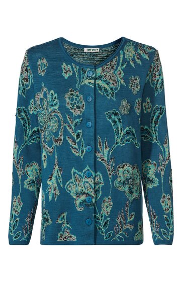 Blauer Cardigan mit floralem Muster in Hellgrün und Beige, Rundhalsausschnitt, durchgehende Knopfleiste, lange Ärmel, gerade geschnitten