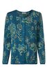Blauer Cardigan mit floralem Muster in Hellgrün und Beige, Rundhalsausschnitt, durchgehende Knopfleiste, lange Ärmel, gerade geschnitten