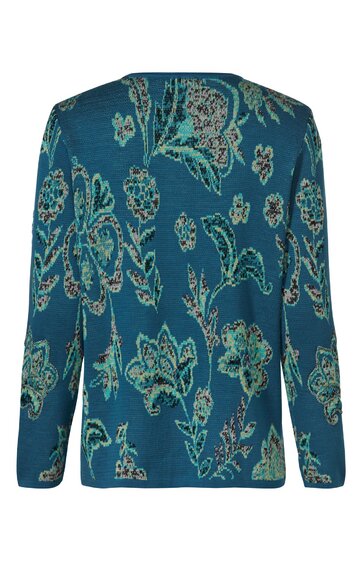 Langärmliges Damenoberteil in dunklem türkisblau mit großflächigem floralen Muster in Hellgrün und Beige, Rundhalsausschnitt, gerade geschnitten