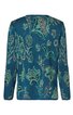 Langärmliges Damenoberteil in dunklem türkisblau mit großflächigem floralen Muster in Hellgrün und Beige, Rundhalsausschnitt, gerade geschnitten