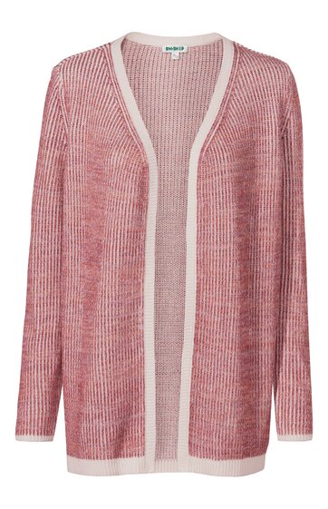 Offene Strickjacke in altrosa mit weißem Rand, langärmlig, gerader Schnitt, geripptes Muster, ohne Verschluss