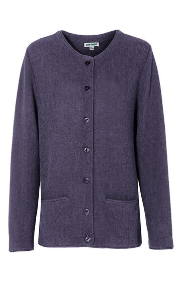 Dunkellila Strickjacke, einfarbig, Rundhalsausschnitt, durchgehende Knopfleiste, lange Ärmel, zwei Eingrifftaschen, gerade geschnitten
