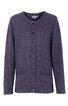 Dunkellila Strickjacke, einfarbig, Rundhalsausschnitt, durchgehende Knopfleiste, lange Ärmel, zwei Eingrifftaschen, gerade geschnitten