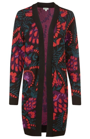 Langer Cardigan in Schwarz mit buntem, abstraktem Blumenmuster in Rot, Lila, Grün, offene Front ohne Verschluss, lange Ärmel, geripptes Bündchen am Ärmelende und Saum