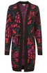 Langer Cardigan in Schwarz mit buntem, abstraktem Blumenmuster in Rot, Lila, Grün, offene Front ohne Verschluss, lange Ärmel, geripptes Bündchen am Ärmelende und Saum