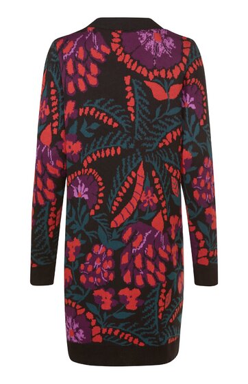 Langärmliges Kleid in Schwarz mit großflächigem rotem und violettem Blumenmuster, Rundhalsausschnitt, gerade geschnitten, knielang