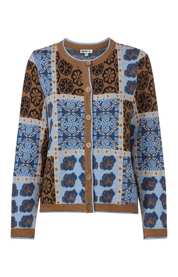 Langärmlige Strickjacke mit rundem Ausschnitt, kastanienbraun und hellblau, geometrisches und florales Patchworkmuster, durchgehende Knopfleiste, gerade geschnitten