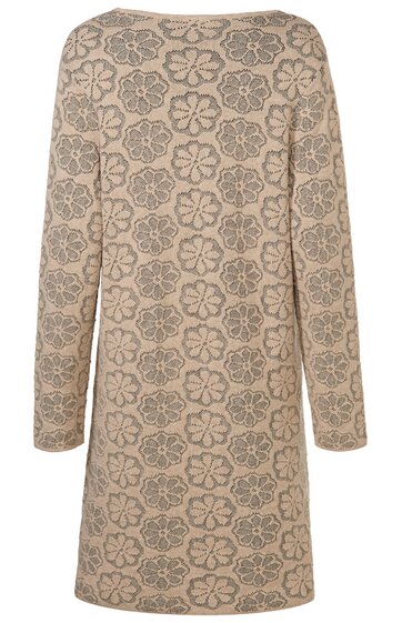 Beiges Kleid mit dunkelgrauem Blumenmuster, lange Ärmel, rundhals, knielang, gerade geschnitten